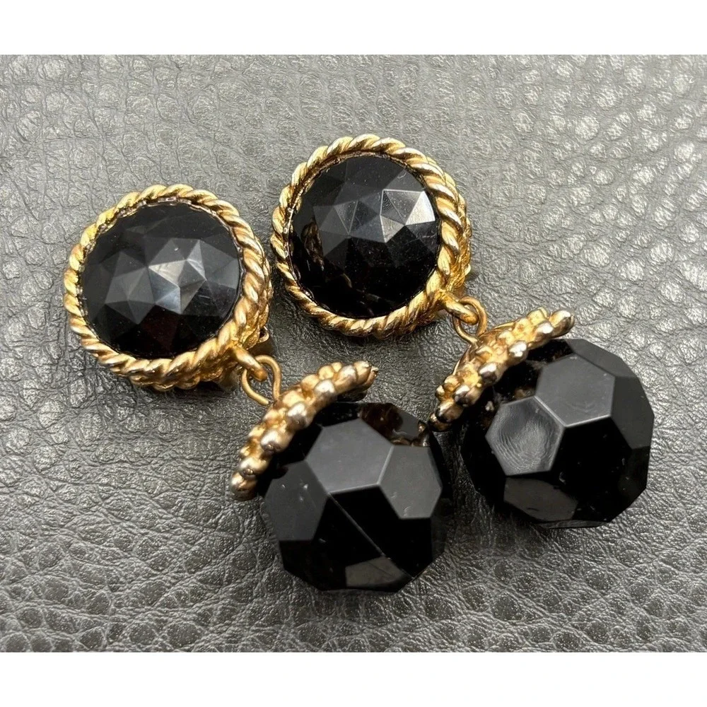 Vintage Black Chunky Bead Faceted Dangle Drop Earrings Gold Tone Clip On